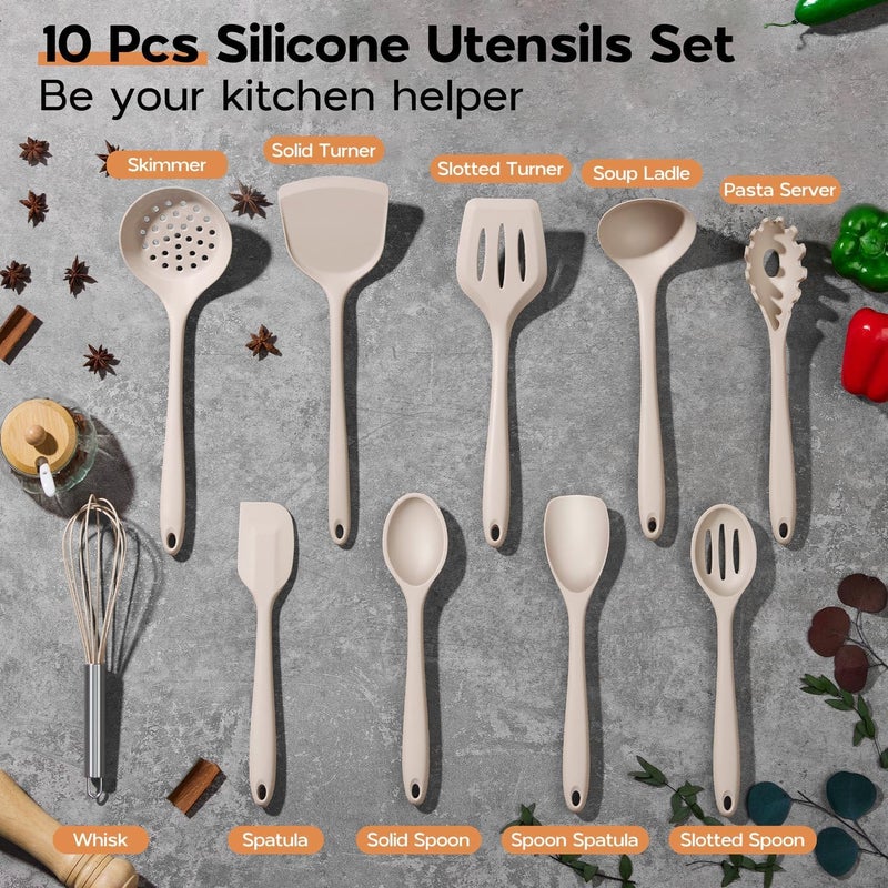 Onader Silicone Cooking Utensils Set of 10, Kitchen Utensils for Nonstick Cookware, Heat Resistant & Nontoxic Spatula Set- Khaki - Image 2